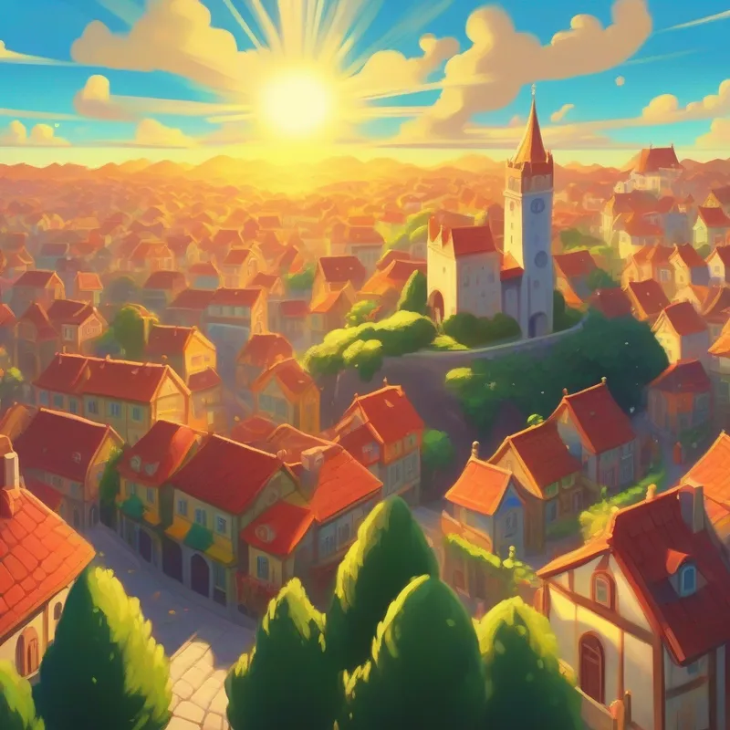 The sun shines brightly over a victorious town.