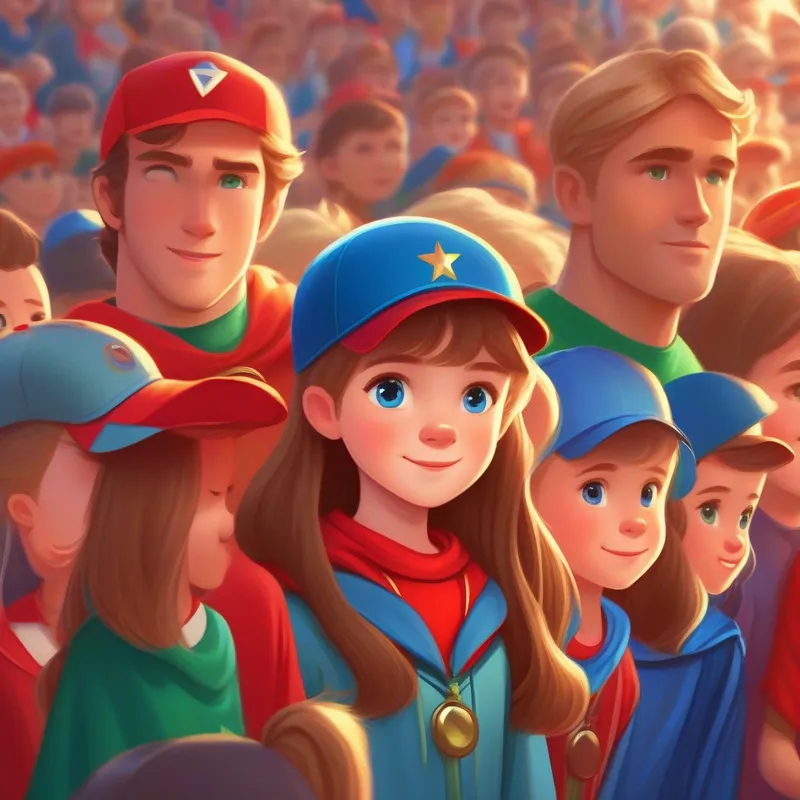 Brown hair, blue eyes, wearing a red superhero cape and Blonde hair, green eyes, wearing a blue baseball cap receive medals from grateful townspeople.