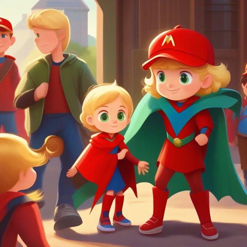 Brown hair, blue eyes, wearing a red superhero cape and Blonde hair, green eyes, wearing a blue baseball cap mentor younger children, teaching them about responsibility.
