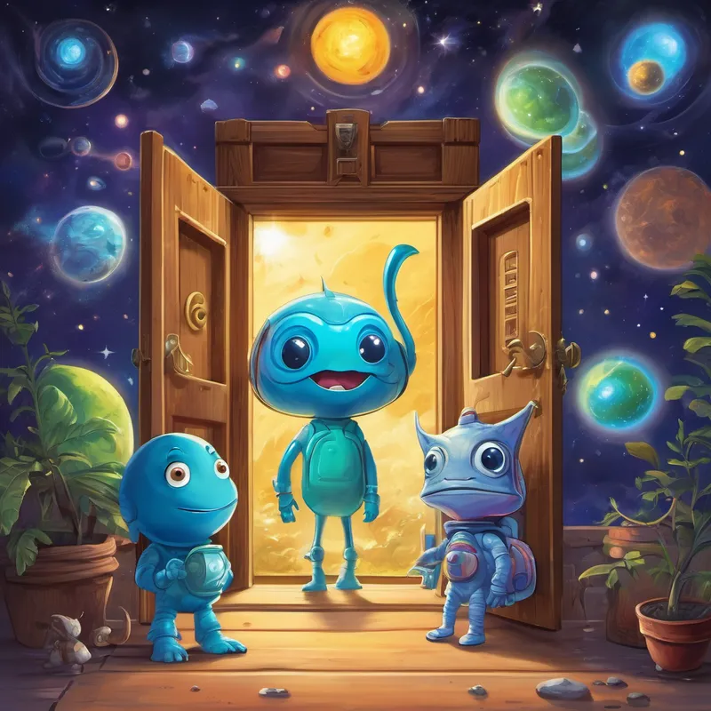 The door opened, and standing in front of them was a tall, blue creature with three eyes, named Zork. "Welcome, dear students, to our Alien Classroom!" Zork exclaimed, with a gentle smile. "Today, we shall embark on a journey of learning that's truly out of this world!" The lesson began with space math, where the aliens taught the students how to count stars and galaxies. Instead of being boring numbers, the students found them fascinating and more colorful than ever before. The aliens had mastered the art of making learning fun and engaging.