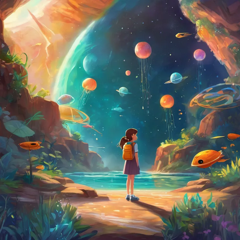 Next, the students delved into intergalactic biology. Instead of studying about animals on Earth, they learned about incredible creatures from distant planets. They were introduced to a variety of peculiar beings, ranging from flying jellyfish to creatures that changed their shapes depending on their mood. Lily was captivated by all the new knowledge, her eyes glittering with amazement. As the day progressed, the students were introduced to art class with Flora, a wonderful alien who had the ability to change shapes. She encouraged them to let their creativity flow like shooting stars. Lily, who was usually unsure of her artistic abilities, felt a newfound surge of confidence. With Flora's supportive guidance, she created the most magnificent masterpiece she had ever imagined.