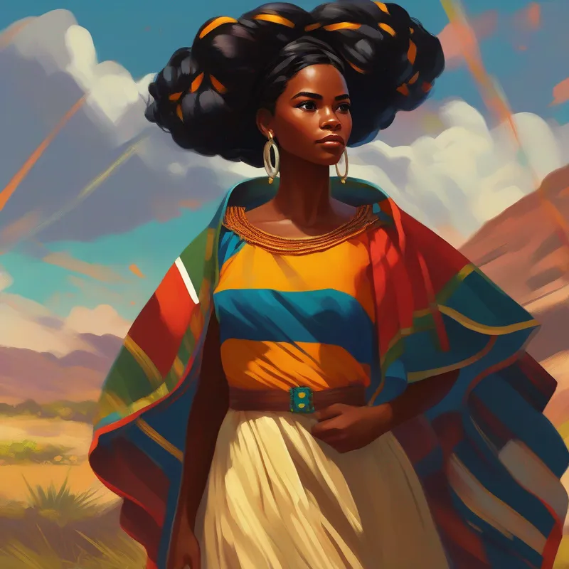 Heroína linda com cabelos negros e vestido colorido, uma linda heroína em Angola, terra colorida e exuberante