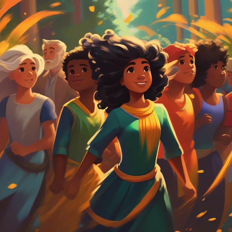 Heroína linda com cabelos negros e vestido colorido e seus amigos treinando duro para ficarem mais fortes
