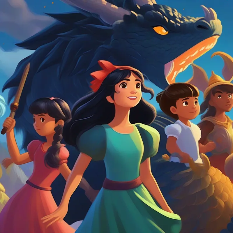 Heroína linda com cabelos negros e vestido colorido e seus amigos lutando contra o dragão com coragem