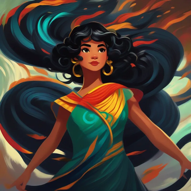 Heroína linda com cabelos negros e vestido colorido atingindo o ponto fraco do dragão e o derrotando
