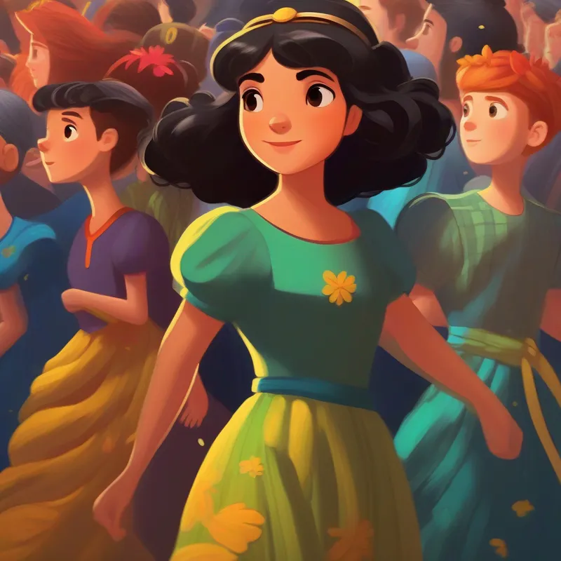 Heroína linda com cabelos negros e vestido colorido e seus amigos sendo aplaudidos por todos como verdadeiros heróis
