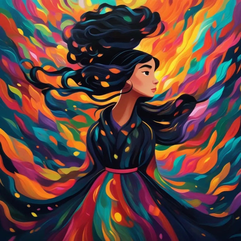 Heroína linda com cabelos negros e vestido colorido inspirando todos a nunca desistirem e continuarem lutando