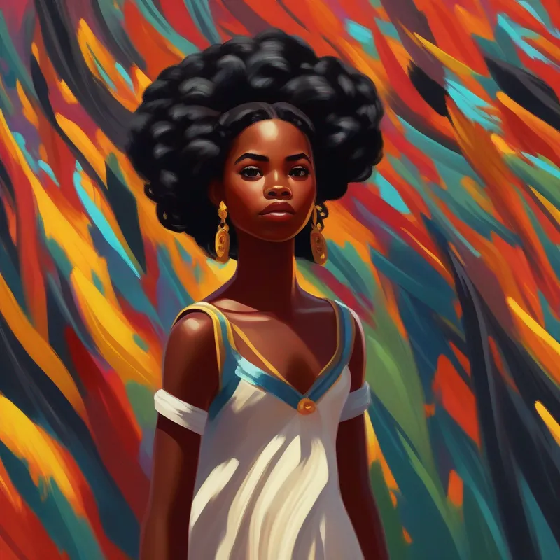 Heroína linda com cabelos negros e vestido colorido se tornando uma lenda na história de Angola