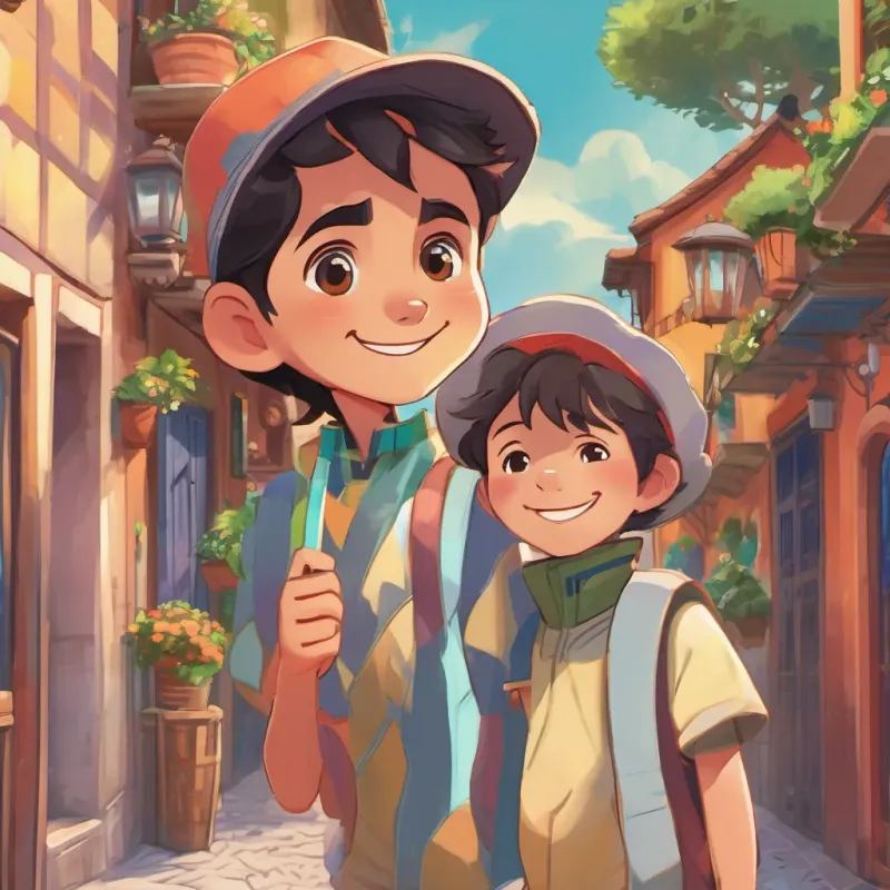 A cheerful boy named A cheerful boy named Miguel with a bright smile, digital art, vibrant colors, soft shading, 16:9 with a bright smile standing in a small, cozy town, digital art, vibrant colors, soft shading, 16:9