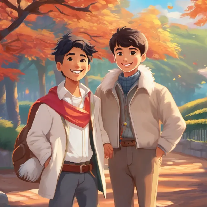 A cute German Spitz dog with fluffy white fur standing next to A cheerful boy named Miguel with a bright smile, digital art, vibrant colors, soft shading, 16:9, digital art, vibrant colors, soft shading, 16:9