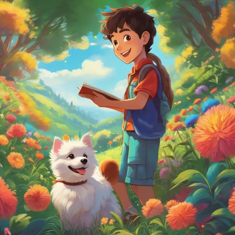 The vibrant meadow under clear blue skies with A cheerful boy named Miguel with a bright smile, digital art, vibrant colors, soft shading, 16:9 and A cute German Spitz dog with fluffy white fur named Spike, digital art, vibrant colors, soft shading, 16:9, showing a magical and fulfilling scene, digital art, vibrant colors, soft shading, 16:9