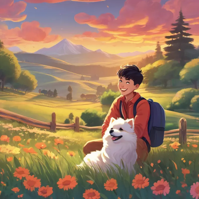 The sunset in the meadow with A cheerful boy named Miguel with a bright smile, digital art, vibrant colors, soft shading, 16:9 and A cute German Spitz dog with fluffy white fur named Spike, digital art, vibrant colors, soft shading, 16:9 saying goodbye, digital art, vibrant colors, soft shading, 16:9
