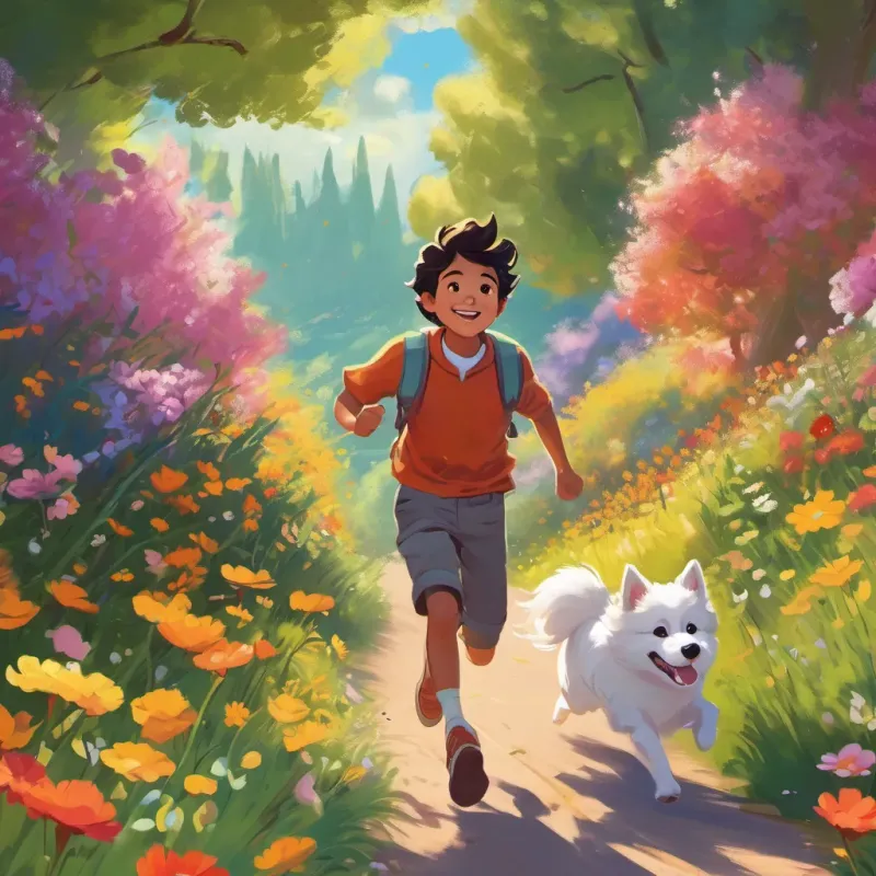 A cheerful boy named Miguel with a bright smile, digital art, vibrant colors, soft shading, 16:9 and his German Spitz dog running in a vibrant meadow filled with colorful flowers, bright sunny day with clear blue skies, digital art, vibrant colors, soft shading, 16:9