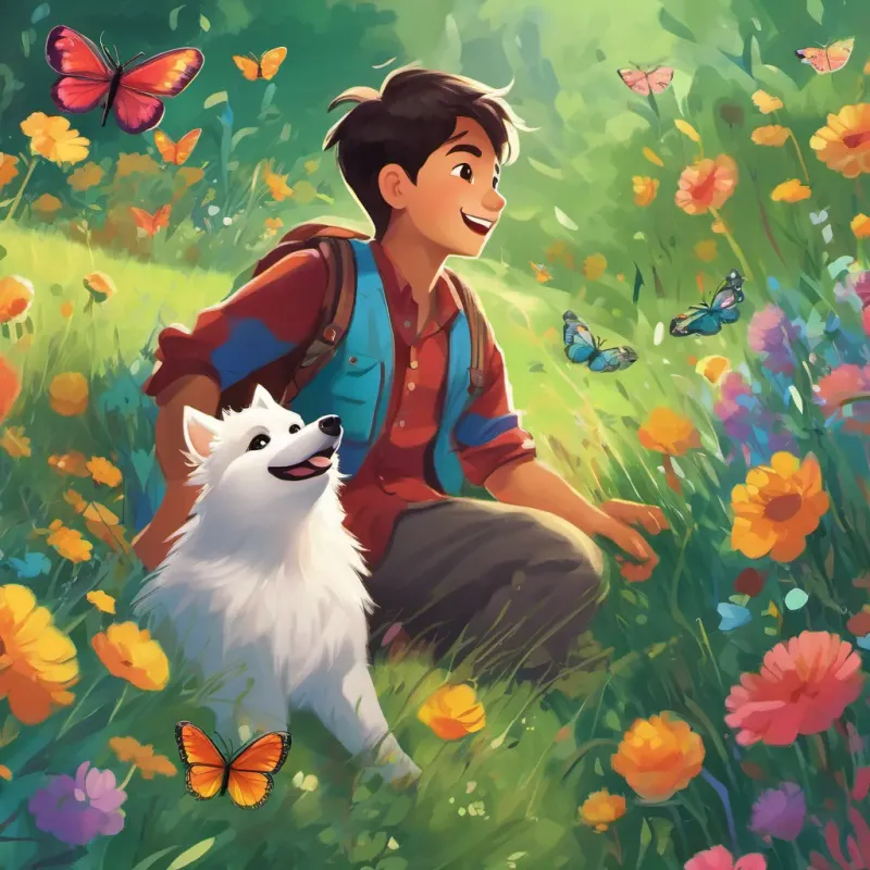 A cheerful boy named Miguel with a bright smile, digital art, vibrant colors, soft shading, 16:9 and his German Spitz dog A cute German Spitz dog with fluffy white fur named Spike, digital art, vibrant colors, soft shading, 16:9 chasing butterflies in the meadow, joyful and playful atmosphere, digital art, vibrant colors, soft shading, 16:9