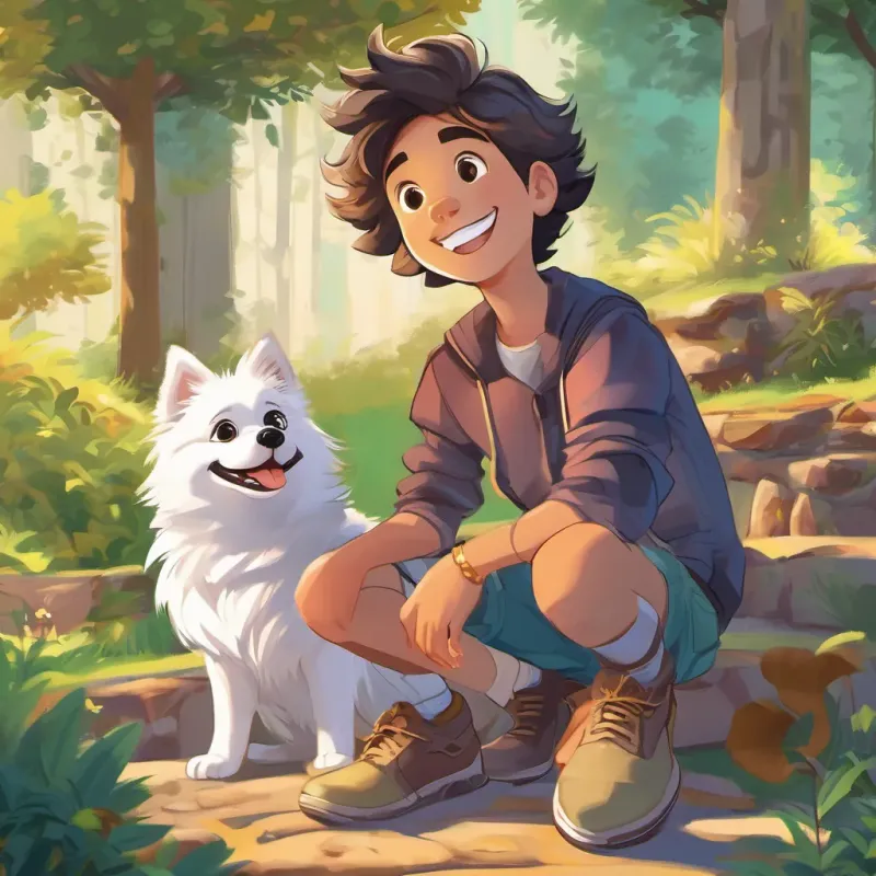 A cheerful boy named Miguel with a bright smile, digital art, vibrant colors, soft shading, 16:9 suggesting a game of hide and seek to A cute German Spitz dog with fluffy white fur named Spike, digital art, vibrant colors, soft shading, 16:9, who is excited with wagging tail, digital art, vibrant colors, soft shading, 16:9