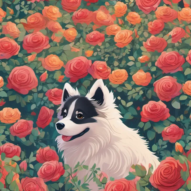 A cheerful boy named Miguel with a bright smile, digital art, vibrant colors, soft shading, 16:9 hiding behind bright red roses as A cute German Spitz dog with fluffy white fur named Spike, digital art, vibrant colors, soft shading, 16:9 searches for him, digital art, vibrant colors, soft shading, 16:9