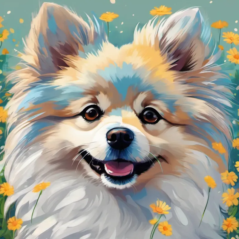 A cute German Spitz dog with fluffy white fur named Spike, digital art, vibrant colors, soft shading, 16:9 finding A cheerful boy named Miguel with a bright smile, digital art, vibrant colors, soft shading, 16:9 among daisies and lilies, digital art, vibrant colors, soft shading, 16:9