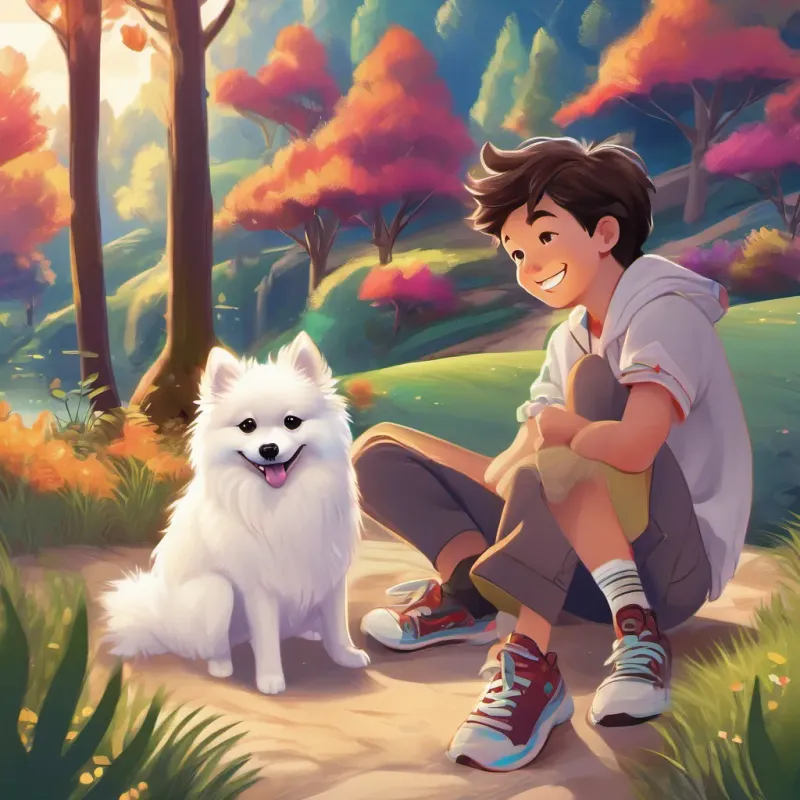A cheerful boy named Miguel with a bright smile, digital art, vibrant colors, soft shading, 16:9 and A cute German Spitz dog with fluffy white fur named Spike, digital art, vibrant colors, soft shading, 16:9 sitting by a glowing stream, with A cheerful boy named Miguel with a bright smile, digital art, vibrant colors, soft shading, 16:9 whispering to A cute German Spitz dog with fluffy white fur named Spike, digital art, vibrant colors, soft shading, 16:9, digital art, vibrant colors, soft shading, 16:9