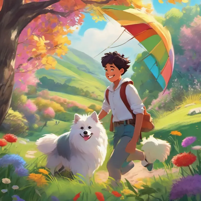 A cheerful boy named Miguel with a bright smile, digital art, vibrant colors, soft shading, 16:9 and A cute German Spitz dog with fluffy white fur named Spike, digital art, vibrant colors, soft shading, 16:9 playing in the meadow, filled with whimsical atmosphere, digital art, vibrant colors, soft shading, 16:9