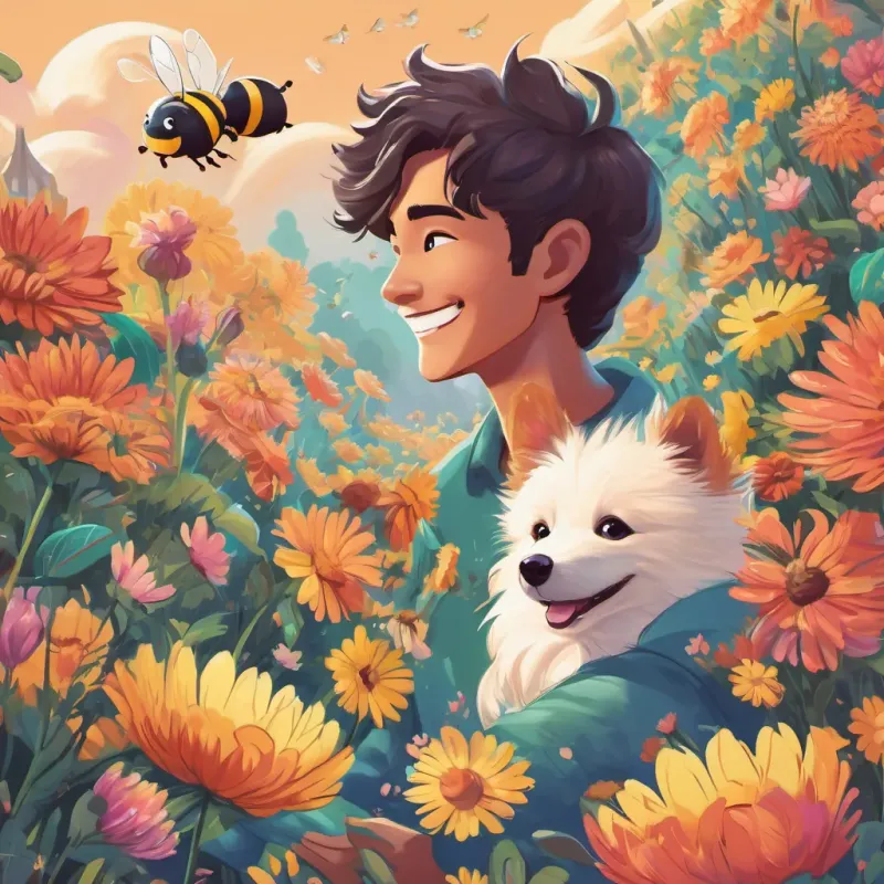 Bees buzzing around flowers with A cheerful boy named Miguel with a bright smile, digital art, vibrant colors, soft shading, 16:9 and A cute German Spitz dog with fluffy white fur named Spike, digital art, vibrant colors, soft shading, 16:9 laughing and playing, digital art, vibrant colors, soft shading, 16:9