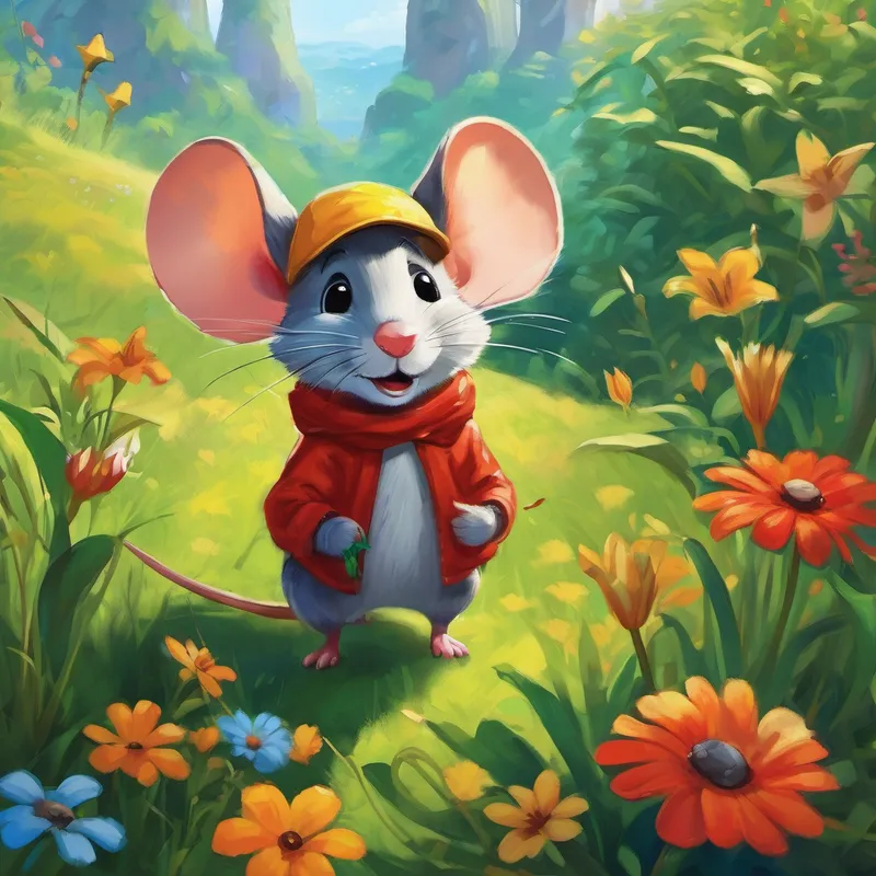 Once upon a time, in a colorful land filled with vibrant flowers and talking animals, there lived a brave little mouse named Max. Max was known for his fearlessness, and he always had a big smile on his face. One warm sunny day, as Max scurried through the tall grass, he heard a tiny voice calling out for help. Curious, he followed the sound and discovered a small ladybug named Lily, stuck on top of a leaf. Without hesitation, Max sprung into action and carefully helped Lily down.