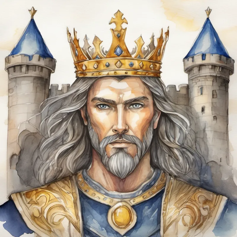 Brave king with a golden crown and wise eyes in his castle, surrounded by his kingdom
