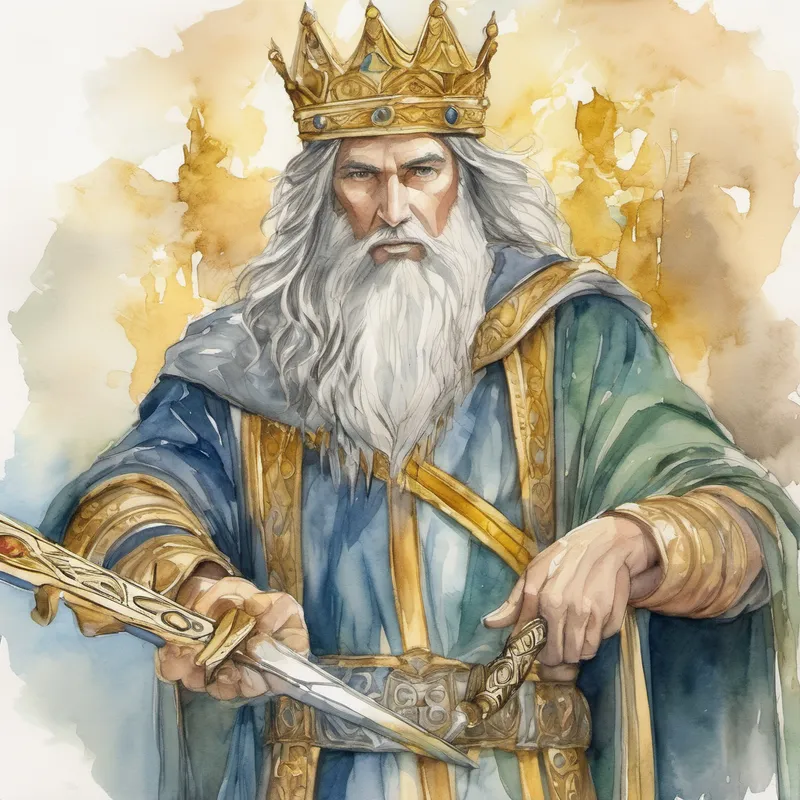 The sorcerer giving Brave king with a golden crown and wise eyes a golden sword