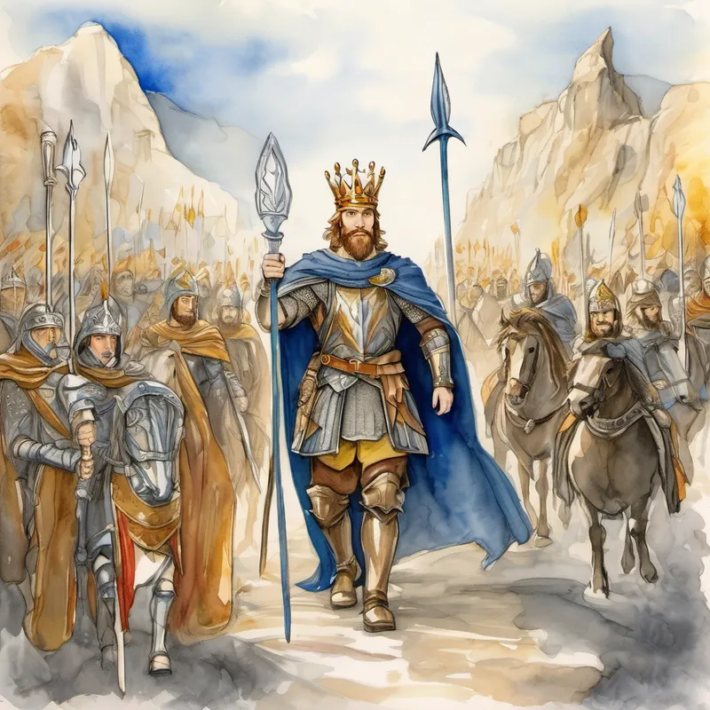 Brave king with a golden crown and wise eyes and his knights setting out on a quest