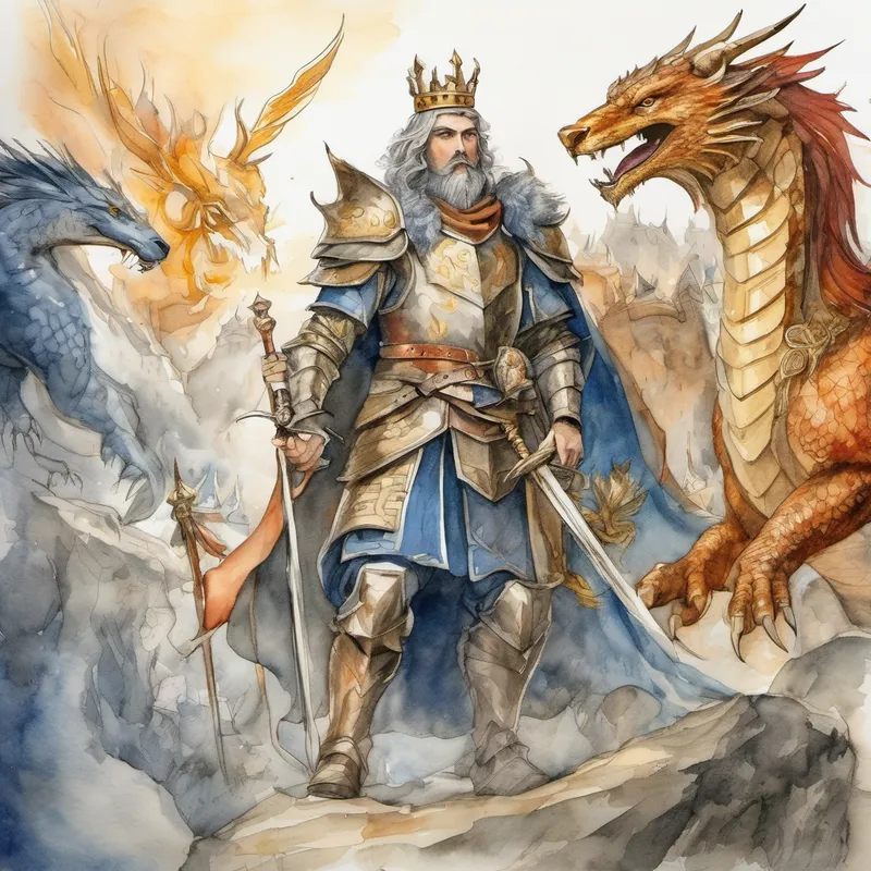 Brave king with a golden crown and wise eyes and his knights fighting dragons and witches
