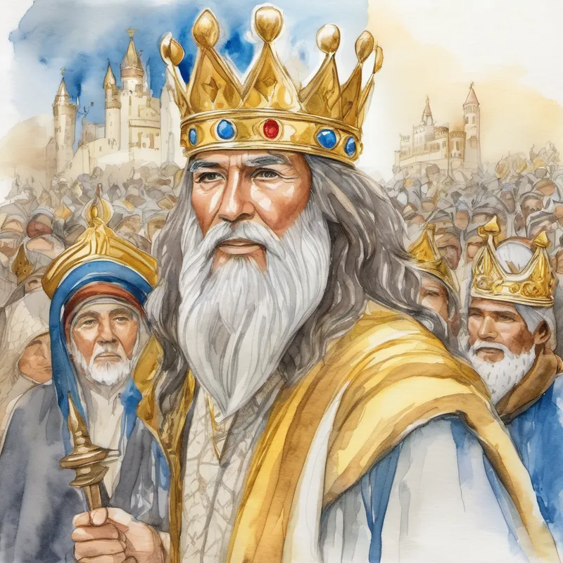 The people of the kingdom celebrating Brave king with a golden crown and wise eyes