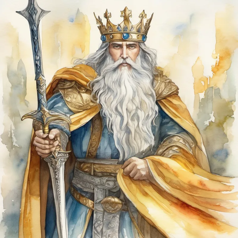 Brave king with a golden crown and wise eyes passing down the golden sword