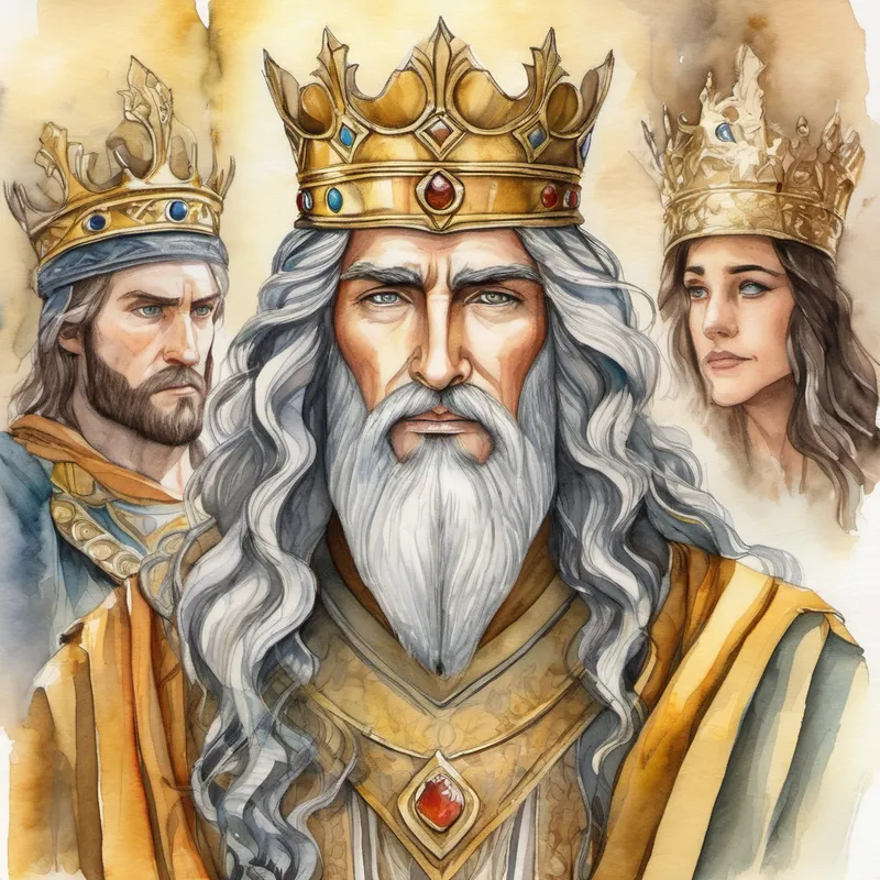 Brave king with a golden crown and wise eyes's legend being told through the ages