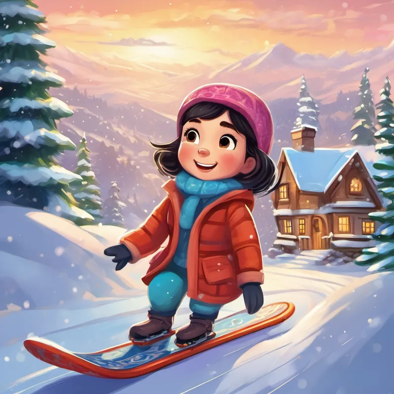 Once upon a time, in a cozy little house sat a sweet 8-year-old girl named Emily. Emily loved playing in the snow, especially during the winter season. She would build snowmen, have snowball fights, and even go sledding down the hill near her house. But this year, Emily decided it was time for a new adventure - she wanted to learn how to snowboard! Excited about her new idea, Emily gathered her two special stuffed friends, KicKic the penguin and Baba the bunny, who were always up for an adventure. KicKic had always dreamt of sliding down snowy slopes, and Baba loved hopping around in the cold winter air, so they were thrilled to join Emily on her snowboarding journey.