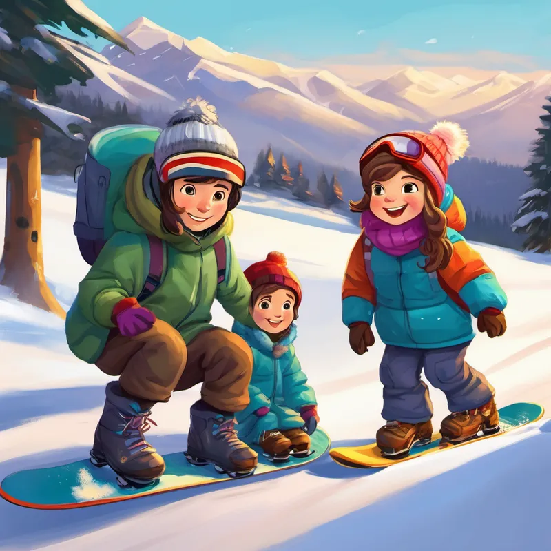 The next morning, Emily, KicKic, and Baba layered up in warm winter clothes, put on their boots, and headed to the mountain. They arrived at the snowboarding school, where the instructor, Mr. Winterwind, welcomed them with a big smile. Mr. Winterwind was a kind and patient teacher who knew just how to teach little adventurers like Emily. He strapped Emily's boots onto a snowboard and showed her how to keep her balance on the snowy slope. Emily listened carefully and practiced her poses, just like Mr. Winterwind suggested.