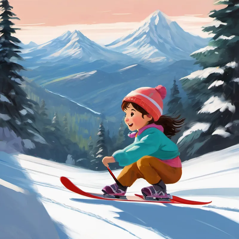 At first, Emily felt a bit wobbly, but she didn't give up. With each try, she improved and began to feel more confident. KicKic and Baba cheered her on from the sidelines, shouting, "You can do it, Emily!" As the day went on, Emily learned how to glide down the gentle slopes and make graceful turns. She even discovered how to control her speed and glide back and forth across the white canvas of the mountain. It was an exhilarating feeling!