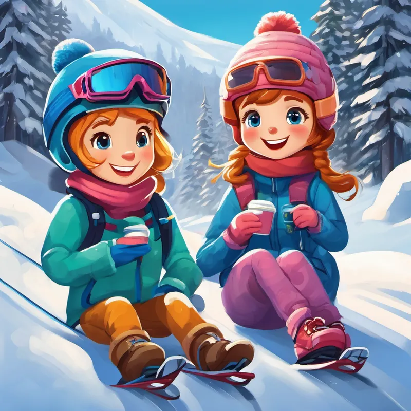 At lunchtime, Emily, KicKic, Baba, and Mr. Winterwind sat together, eating delicious hot chocolate and warm sandwiches. Emily thanked her stuffed friends for supporting her, and they shared giggles and stories about their snowboarding adventures. After lunch, it was time for some more practice. Emily was ready to conquer the bigger hills! She bravely went up the ski lift, and with each ride down, she gained more confidence. She whooshed through the snow, excitedly laughing all the way down the mountain.
