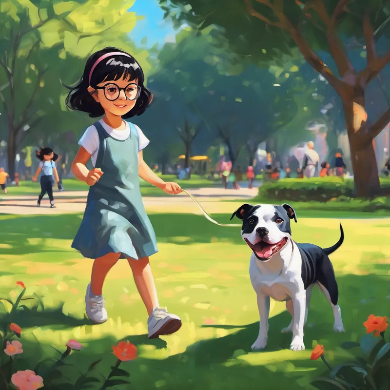 Little girl with short black hair and glasses and her pitbull playing in the park