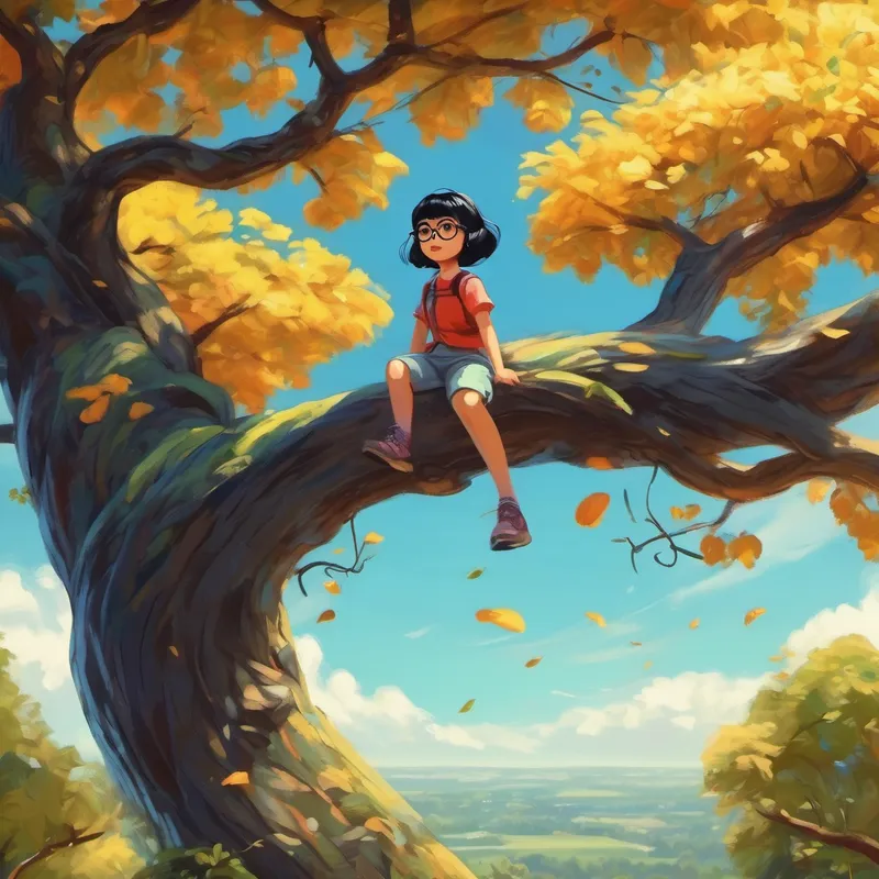 Little girl with short black hair and glasses and her dog climbing a tree