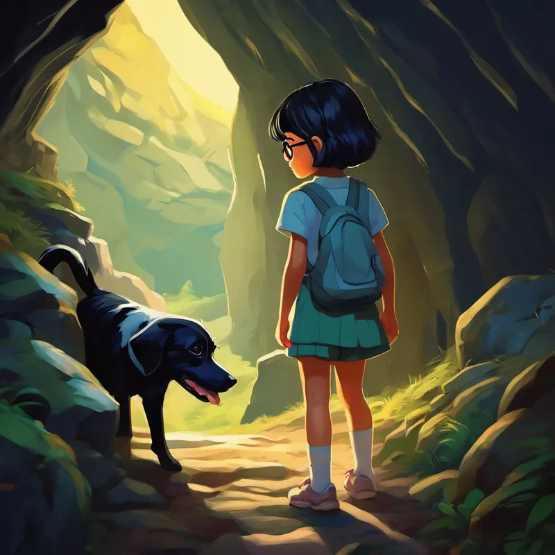 Little girl with short black hair and glasses and her dog exploring a dark cave