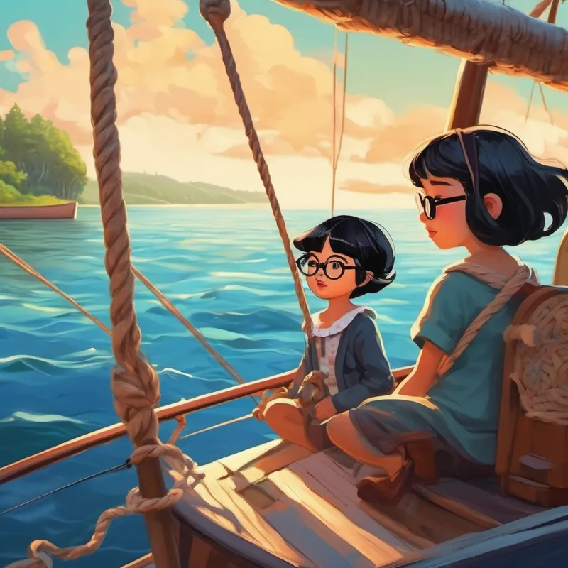 Little girl with short black hair and glasses and her dog sailing on a boat