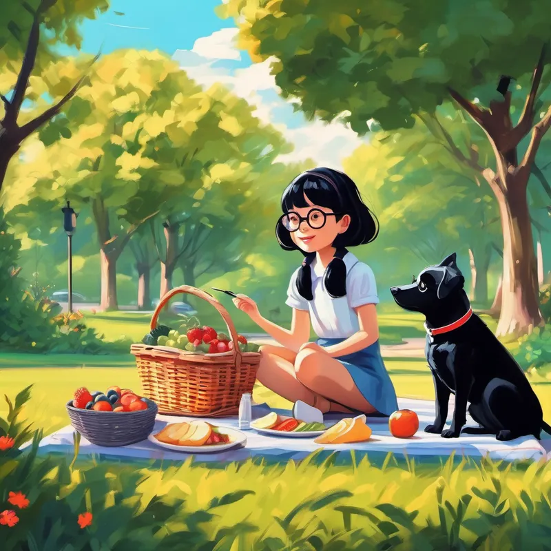 Little girl with short black hair and glasses and her dog having a picnic in the park