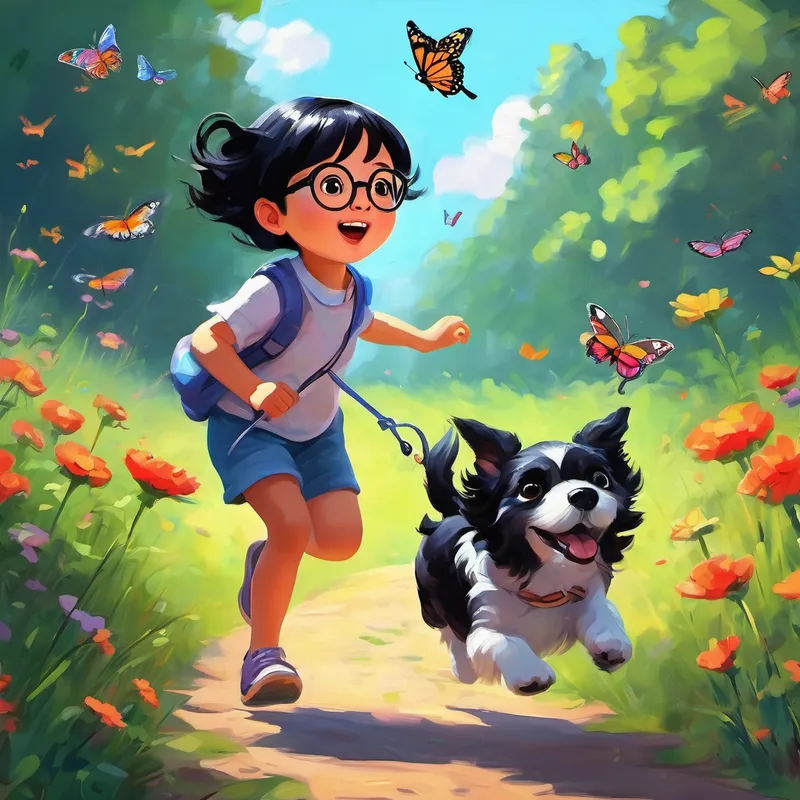 Little girl with short black hair and glasses and her dog chasing a colorful butterfly