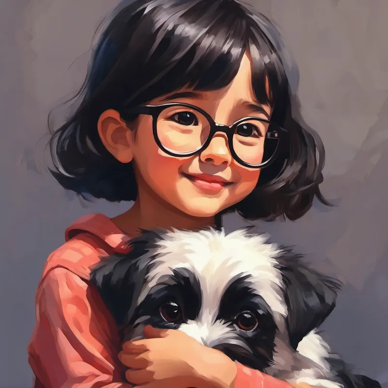Little girl with short black hair and glasses and her dog hugging each other tightly
