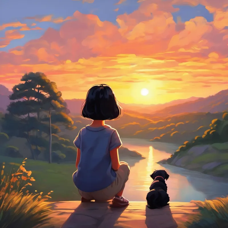 Little girl with short black hair and glasses and her dog looking at the sunset