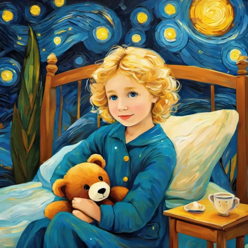 Sweet girl, short frizzy blonde hair, helpful, bright eyes resists bedtime, hugging her teddy in her bedroom.