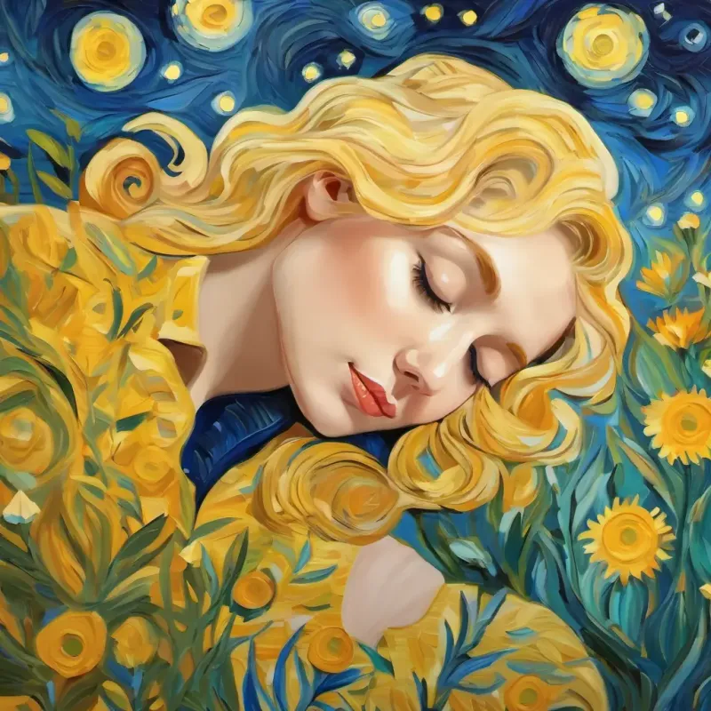 Sweet girl, short frizzy blonde hair, helpful, bright eyes is falling asleep, dreaming happily.