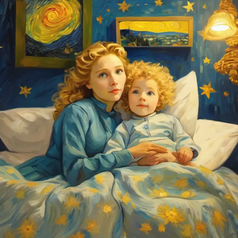 Sweet girl, short frizzy blonde hair, helpful, bright eyes's mother suggests tucking the toys into bed.