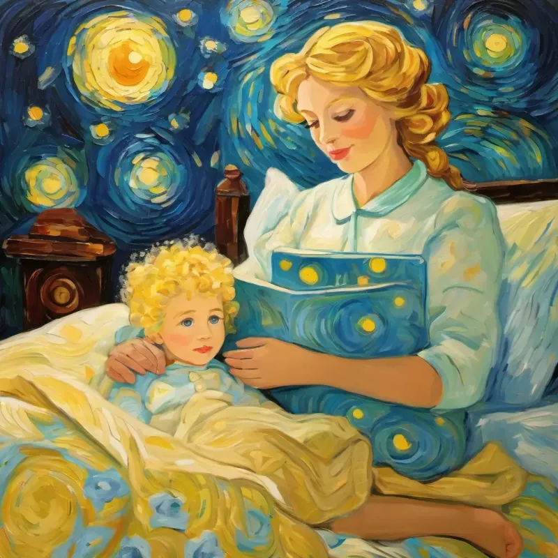 All toys are in bed, mother encourages Sweet girl, short frizzy blonde hair, helpful, bright eyes.