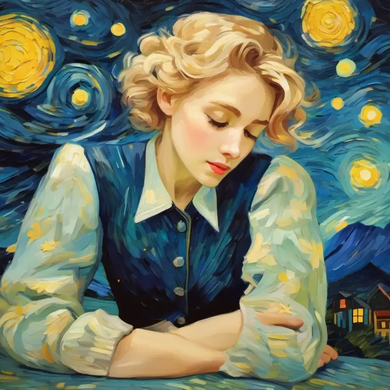 Sweet girl, short frizzy blonde hair, helpful, bright eyes feels sleepy and stars are visible outside.