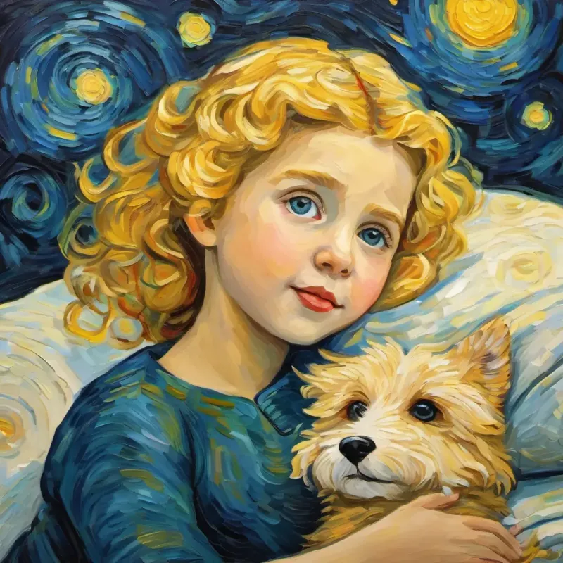 Sweet girl, short frizzy blonde hair, helpful, bright eyes gets into bed, her mother tucks her in.